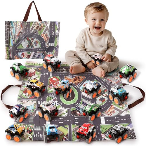Varrotoy Kinder Reibungsbetriebene Rennwagen,15 Stück Mini Auto Spielzeug mit Spielmatte,Trägheit Fahrzeug Auto Spielzeug für Kinder Jungen Mädchen ab 3 Jahren