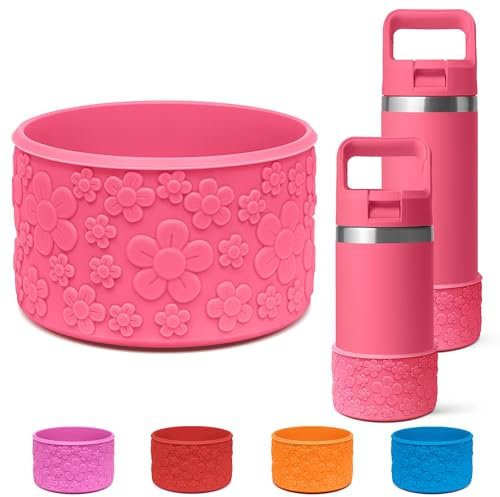 Silicone Boot for YETI Kids Water Bottle 12 oz, for YETI Rambler 12/18 oz Bottle, Anti-Slip Bottom Protector Sleeve for YETI Accessories, 3D Cute Flowers Cup Boot for Stanley Cup 30/40 oz (Pink)
