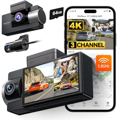 WOLFBOX i17 4K 3 Channel Dash Cam Built-in 5.8GHz WiFi with 64GB Card, 4K+1080P+1080P Dash Cam Front and Rear Inside, Triple Car Camera with 3 Inch Screen, IR Night Vision, WDR, 24H Parking Mode, GPS