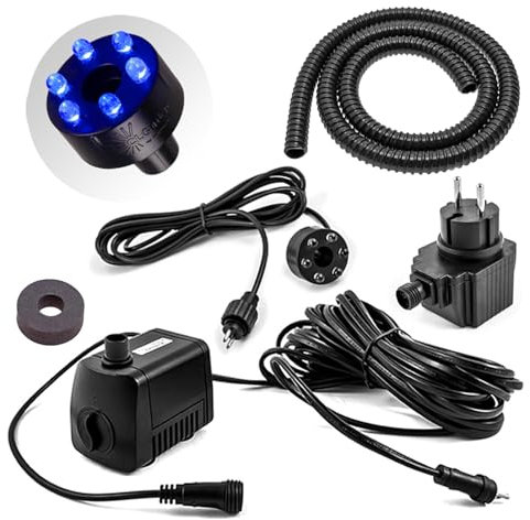 CLGarden Wasserspielpumpe Set SP1-S mit Licht blau, Dichtung, Schlauch, 12Volt Trafo für Springbrunnen Pumpe Miniteich 500l/h