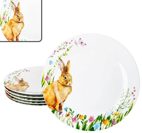 MamboCat Lot de 6 assiettes plates de Pâques - Diamètre : 27 cm - En porcelaine - Avec décor lapin de Pâques - Pour 6 personnes - Grandes assiettes pour les repas principaux, les barbecues, etc.