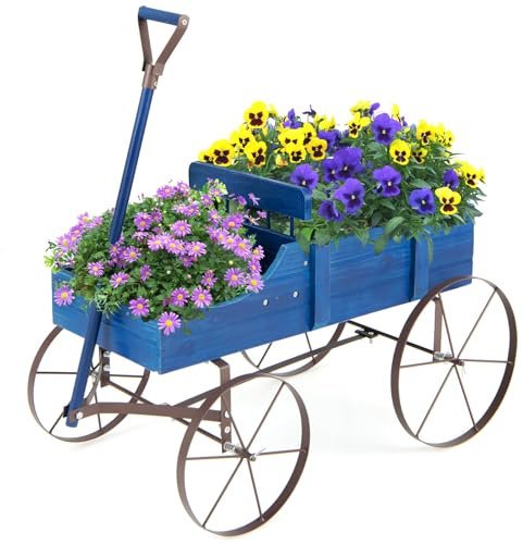 SOARS Blumenständer, Blumenwagen mit 4 Rädern aus Metall, Pflanzenständer aus Massivholz, Blumenkasten Deko, Holzwagen Bollerwagen Pflanzwagen für Garten & Balkon (Blau)