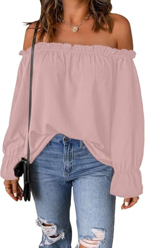 ROFUSSO Bluse Schulterfrei Damen Elegant Langarm Bluse Off Shoulder Langarm Oberteil Festliche Oberteil für Party Outfit(Rosa,L)