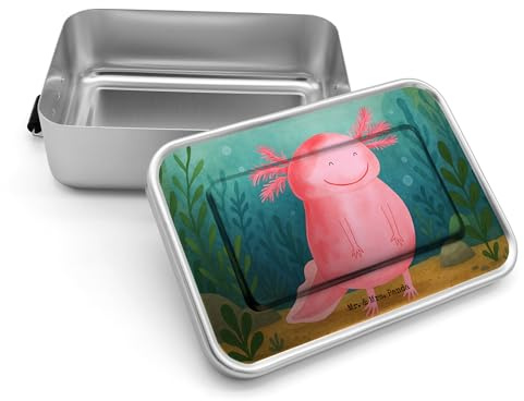 Mr. & Mrs. Panda Snackbox Axolotl Glücklich Design - Geschenk, Metall Brotdose, Molch, Lebensfroh, Motivation, gut Gelaunt, Butterbrotdose, Essensbox, Axolot, Lunchbox, Schwanzlurch, Vesperbox, Lurch