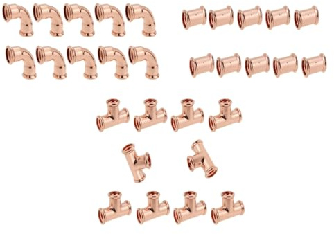 15mm Press Fit Fittings Set – 10x Straight Couplers, 10x 90 Degree Elbows, 10x Equal Tees, M-Profile WRAS Approved
