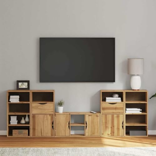 HETFTJN 5-teilige Massivholz Wohnwand ODDA TV Lowboard 79 x 24 x 40 cm mit Beistellschränken Honigwachs Kiefer rustikal modular für Wohnzimmer
