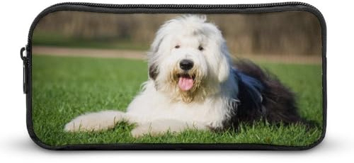 Qjjinxior Federmäppchen, Gothic-Totenkopf-Damast, gruselige Halloween-Schreibwaren-Tasche, Business-Reisetasche oder kleiner Werkzeugkasten, Make-up-Tasche für Mädchen, Old English Sheepdog, 22*12*5cm