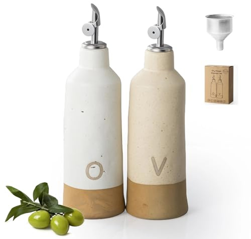 Besmeety Essig und Ölflaschen Set, 600ml x 2 Ölflasche mit Ausgießer Keramik, Essig Öl Flaschen, Olivenöl Flasche, Ölspender, Öl Flaschen mit Auslauf und Trichter (Weiß und Käsefarbe)