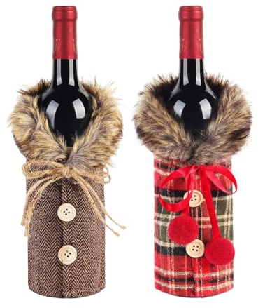 Luxury 2PCS Christmas Wine Bottle Jumpers, Festive Plaid & Tartan Design with Faux Fur Collar and Button Coat - Cosy Xmas Tabletop Decor for Home, Pub, Restaurant & Ideal Present (Set of 2)