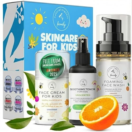 The Natural and Organic Family Kids Skincare Set - Unscented Toner Wash | 3 piece kids skincare set - face wash 150ml, unscented toner 50ml, fragrance free cream 50ml