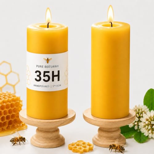 2 Stück Bienenwachskerzen, Bienenwachs Stumpenkerzen 35 Stunden Ø 5 x 10 cm | 100% reines Bienenwachs für Zuhause, perfekt für für Wohndekoration Entspannung und Ambiente