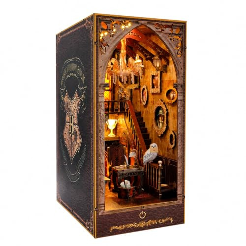 GOOGO Book Nook Kit, Maison Miniature à Monter soi-même avec lumière LED, Puzzle 3D en Bois, Serre-Livres décoratif pour bibliothèque, Cadeau créatif pour Adultes (École de Magie)