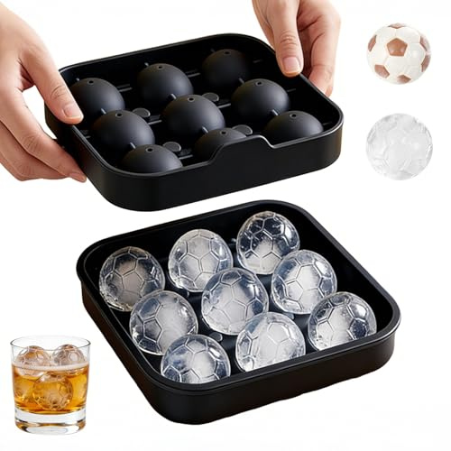 Kaezuy Eiswürfelform Silikon mit Fußball Eiswürfelbehälter mit Deckel Silikonform Eiswürfel Fußballform Eiswürfelbehälter Stapelbar für Babybrei Cocktail Whiskey Kaffee 11,8X11,8X4,1cm (C*1)