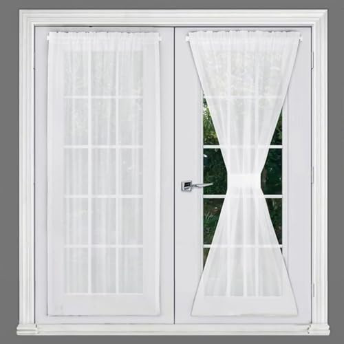 White Voile Curtains 2 Panels Semi Sheer Door Net Curtain Light Filtering Privacy French Door Blinds with Tieback Rod Pocket Window Drapes