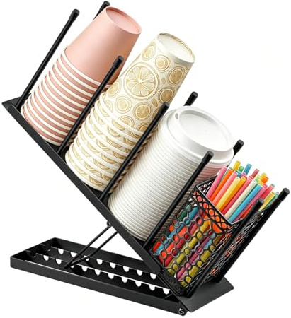 Minifactory Metal Cup Holder Organizer 4 Compartment Adjustable Cup & Lid Rack with Removable Straw Basket Heavy Duty Coffee Cup Dispenser for 100 Disposable Cups Lids Straws (Black)