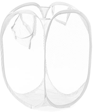 JJ PRIME - UK Foldable Pop Up Mesh Washing Laundry Basket Bag Fabric Bin Hamper Toy Tidy Storage Organiser Organizer (White)
