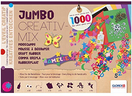 GLOREX 6 2245 030 - Jumbo Moosgummi Creativ Mix, besteht aus 1000 Teilen, mit Moosgummiplatten, Buchstaben und Zahlen, Stanzteilen, Bastelleim, uvm. zum kreativen Basteln