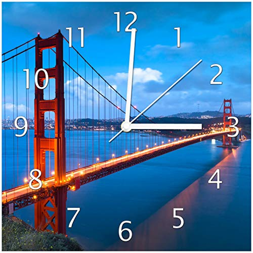 Wallario Design-Wanduhr Golden Gate Bridge in San Francisco USA aus Glas, Motiv-Uhr Größe 30 x 30 cm, weiße Zeiger
