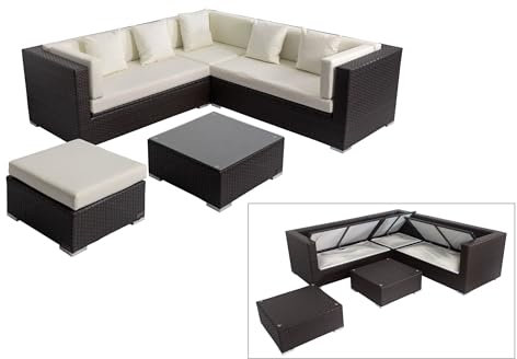 OUTFLEXX Loungemöbel-Set, braun, Polyrattan, 6 Personen, wasserfeste Kissenbox, inkl. Kaffeetisch