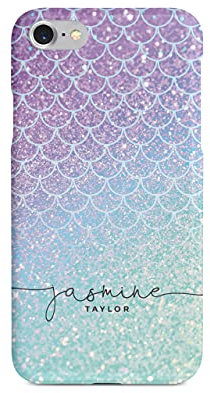 Tirita Personalised Initials Custom Hard Phone Case Compatible with iPhone 7/8 / SE 2020 / SE 2022 PRINTED GLITTER, NOT REAL GLITTER Mermaid Tail Skin Scales Glittered Fairy Tail