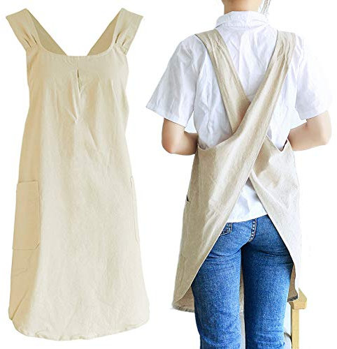 NEWGEM Japanese Linen Cross Back Kitchen Cooking Aprons for Women with Pockets Cute for Baking Painting Gardening Cleaning Khaki
