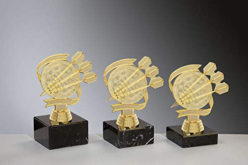 Henecka 🎯 Dart Pokal, Dart Trophäe, Schraubfigur 3 Dartpfeile und Dartscheibe Gold, Marmorsockel schwarz, mit Wunschgravur, wählbar in 3 Größen oder als 3er-Serie (Sockel 65 x 20 mm)