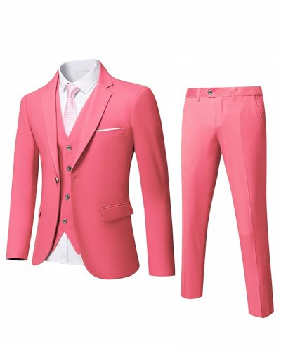YND Completo da uomo slim fit, 3 pezzi, giacca a tinta unita con un bottone, gilet, pantaloni, con cravatta, rosa, L