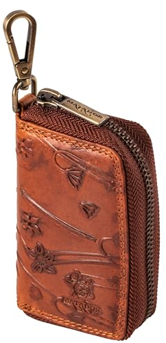 MATADOR Mini Pochette Rangement Sac pour Clef en Cuir Véritable | Etui à Clé avec Femeture Éclair YKK en Métal et Mousqueton | Porte Clés Protection Organiseur avec Boîte Cadeau Elegant Fleurs Marron