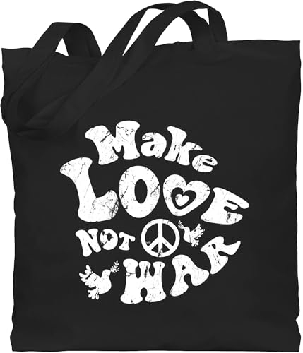 Baumwolltasche - Sprüche Statement - Make love not war vintage weiß - Unisize - Schwarz - stoffbeutel hippie mit aufschrift hippi jutebeutel statements tasche spruch beuteltasche jute beutel