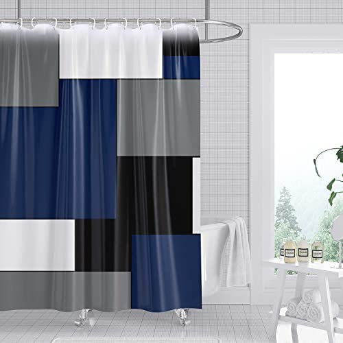 Rock Cloud Navy Blue and White Shower Curtain, Gray Modern Fabric Bathroom Curtains Set with Hooks Decorative Geometric Pattern Machine Washable 72 X 72