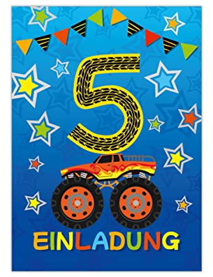 Junapack 12 Einladungskarten zum 5. Kindergeburtstag fünfte Geburtstag Jungen Monster-Truck Auto Geburtstagseinladungen
