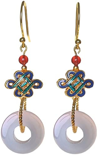 Elegante Ethnische Weiße Jade-Anhänger-Ohrringe – Verheißungsvoller Cloisonne-Ohrhaken, Chinesischer Knoten, Ohrhänger, Schmuck, Schicker Ohrclip, Brautparty-Accessoires, Mädchen, Weihnachtsges
