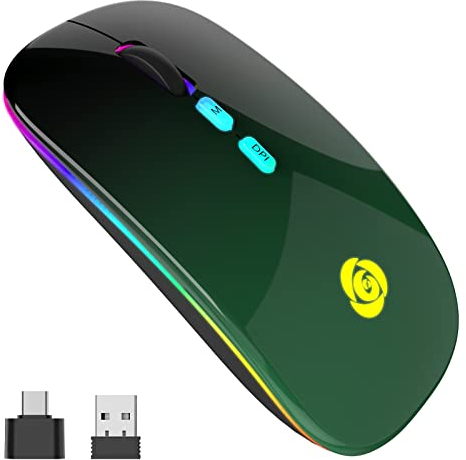 Mouse senza fili, mouse Bluetooth con ricevitore USB Type-C, ricevitore USB a 2,4 GHz, 7 colori, mouse wireless sottile 3 DPI 800/1200/1600, compatibile con PC/Laptop/Windows (Black Green)