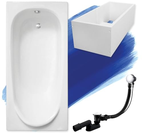 BADLAND Badewanne Original Weiß Acryl Wanne Rechteck MEDIUM 170x75 KOMPLETTSET SET mit Premium Wannenträger + Füßen und Exklusive Chrom Automatik Ablaufgarnitur Made in EU 4in1