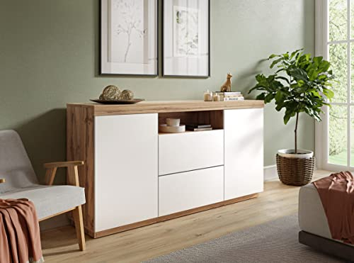 lukmebel Yoshi Kommode Zwei Push-Open-Schränke Praktisch Minimalistisch Extrem Geräumig 16 mm Laminierte Platte PVC Wotan Eiche & Weiß