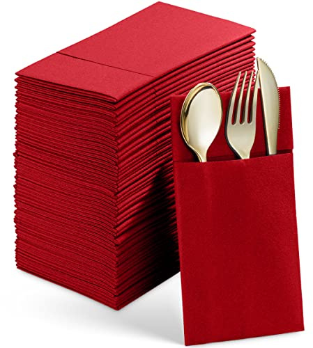 Einweg-Servietten mit Leinen-Haptik, mit integrierter Bestecktasche, rot, vorgefaltet, stoffähnliche Papierservietten, für Weihnachten, Hochzeit, Abendessen oder Party, 50 Stück