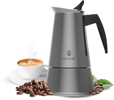 Cecotec Cafetera Italiana Piccolina 600, Capacidad 300 ml para 6 tazas, Diseño elegante en Acero, Filtro de Acero Inoxidable, Apta para todas las superficies, Válvula de seguridad, Cierre silicona