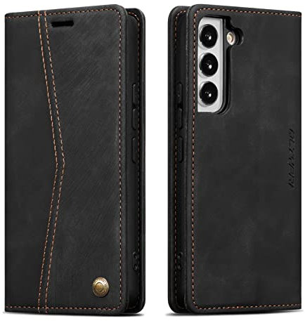 QLTYPRI Wallet Case for Samsung Galaxy S23, Vintage PU Leather Folio Case with Card Slots Kickstand Magnetic Closure Shockproof Flip Phone Cover for Samsung Galaxy S23 - Retro Black
