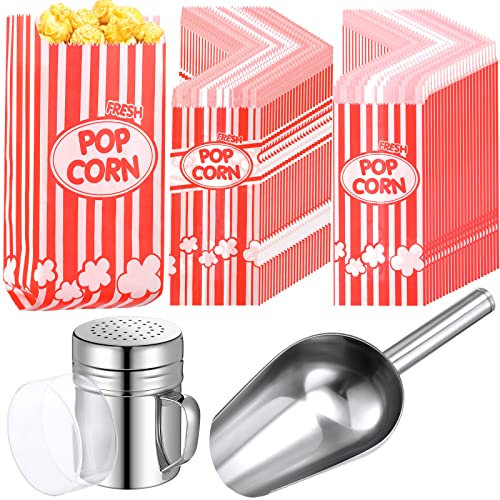 602 Pcs Popcorn Maker Supplies Set Include 600 Pcs 1oz Paper Popcorn Bags, Stainless Steel Popcorn Scoop and Dredge Bundle with Lid for Movie Night Theater Retro Carnival Birthday Party Supplies