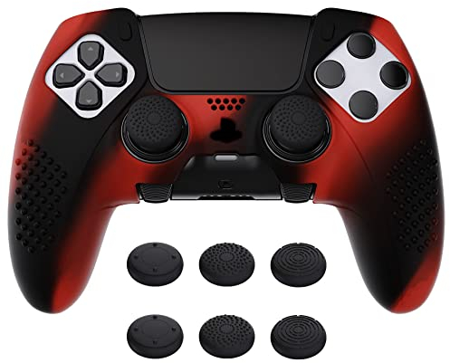 PlayVital Anti-Rutsche Hülle für ps5 Edge Controller,Case Schutzhülle Hülle Skin aus weichem Gummi mit 6 Stück Stick Kappen für PS5 Edge Wireless Controller(3D Noppen Edition,Rot & Schwarz)