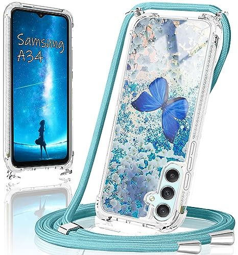 Funda Glitter para Samsung Galaxy A34 5G con Cuerda,Funda Samsung A34 5G con Cordón Colgante Colgar,Original TPU Silicona Transparente Antigolpes Anti-Asfixia Protectora,Funda Samsung A34 5G Case