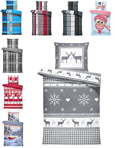 one-home Winter Bettwäsche Thermo Fleece Kuschelig Warme Bettbezüge Flauschig Warm Weich, Größe:2 teilig 155x220 cm, Farbe:Rentiere anthrazit