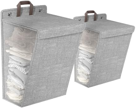 Esoes 2 Pack Wäschekorb Faltbar 60L Wäschesammler, Wäschekorb mit Deckel Griffen, Aufhängbar Wäsche-Organizer Mesh-Design für Badezimmer, Schlafzimmer-Gray(M+L)