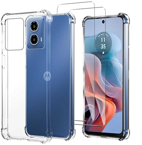 JDXHFF Funda Compatible con Motorola Moto G34 5G / Moto G45 5G (6.5) Transparente con 2 Piezas Vidrio Templado Película Protectora - Carcasa Silicona TPU Suave Caso Case Clear Cover