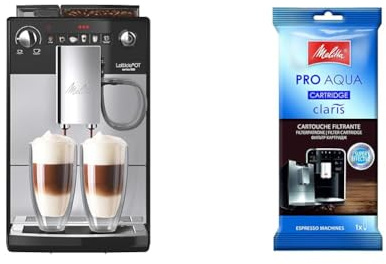 Melitta Latticia OT- Kaffeevollautomat - mit Milchsystem - Silber/Schwarz (F300-101) & 192830 Filterpatrone für Kaffeevollautomaten | Pro Aqua | Vorbeugung von Verkalkung 1 Patrone