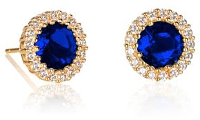 Diamond Treats Saphirblau Ohrringe aus Gold, runde Ohrstecker Gold mit blauen Zirkonia-Steinen, massive Silber blaue Ohrringe für Damen, Vergoldete Ohrstecker aus 925 Silber für Frauen in Blau