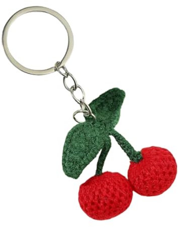 CrownOfRibbons Knitted Cherry Keyring, Cute Keychain for House, Car, Shed
