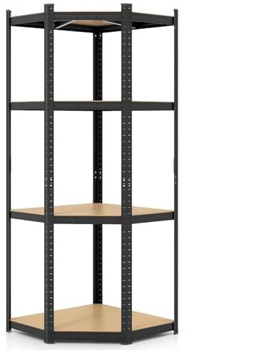 TANGZON 4-Tier Garage Shelves, 720KG Metal Corner Storage Rack with Adjustable Shelves & Anti-tipping Device, Heavy Duty Boltless Shelving Units Display Organizer for Home Office Workshop (Black)