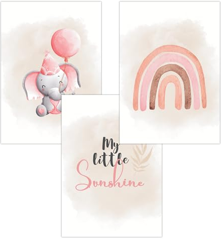 FAVELOT Poster Kinderzimmer Mädchen A4 - Regenbogen, Elefant, Aquarell Rosa - Bilder Babyzimmer Deko - Deutscher Premium-Druck - 3er Set Din A4