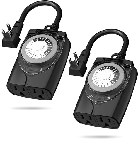HBN Outlet Timer, 24 Hour Outdoor Mechanical Timer for Lights Plug in Timer Waterproof 2 Grounded Timer Outlets for Chains